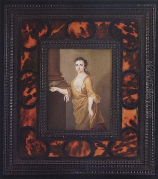 A Young Lady Wearing Ochre-coloured Dress, Maroon Underskirt And White Underslip, A Green Parrot On A Pillar Bends To Her Right Hand Oil Painting by Christian Richter