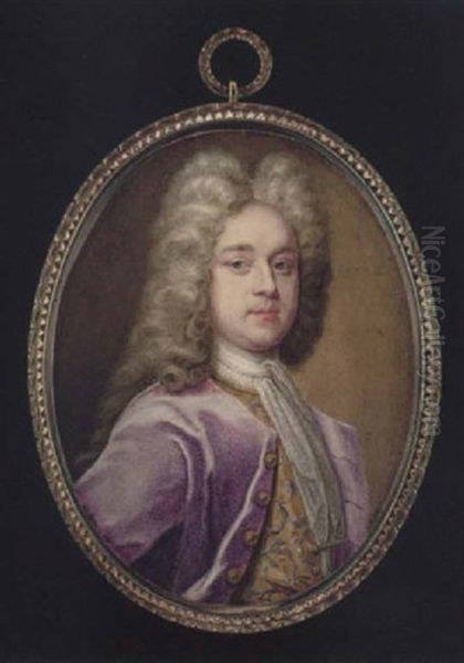 Portrait Of A Gentleman Wearing Powdered Wig, Purple Coat With Gold Buttons, Yellow Waistcoat Embroidered And White Lace Cravat Oil Painting by Christian Richter