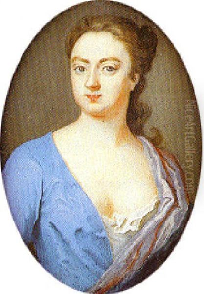 Portrait Of A Lady With A Shawl Over Her Left Shoulder, Wearing A Blue Dress With White Underslip Oil Painting by Christian Richter