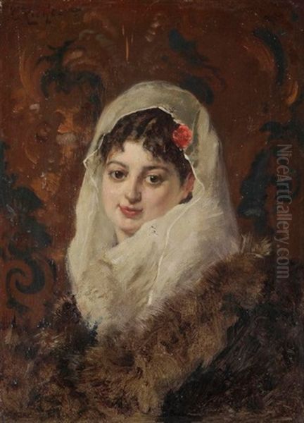 Femme A La Mantille Oil Painting by Edouard Frederic Wilhelm Richter