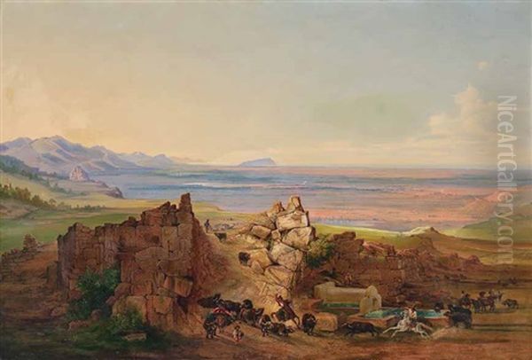 Abendliche Hirtenszene In Den Albaner Bergen Oil Painting by Emil Theodor Richter