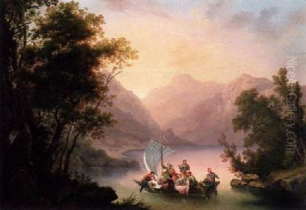 Merry-makers Boating On A Lake Oil Painting by Emil Theodor Richter