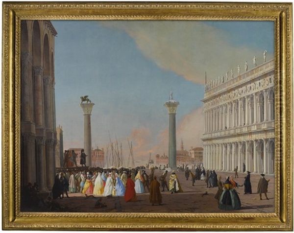 Venice, The Piazzetta Looking South From The Basilica Di San Marco With The Biblioteca And A Crowd Gathered To Watch A Comedia Dell' Arte Performance, The Columns Of San Marco And San Theodoro, The Isola Di San Giorgio Maggiore And The Giudecca Beyond Oil Painting by Giovanni Richter