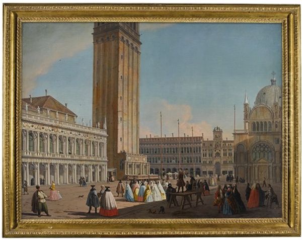 Venice, The Piazzetta Looking North-west Towards The Campanile, With The Biblioteca, The Procuratie Vecchie, The Torre Dell'orologio And Numerous Figures In Carnival Costume And A Man In Polish Dress Oil Painting by Giovanni Richter