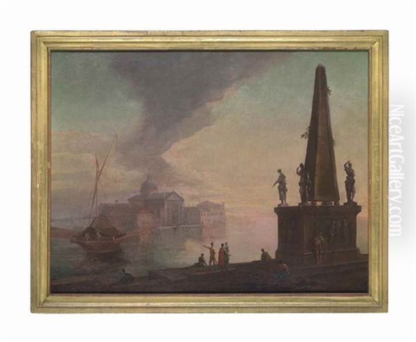 A Venetian Capriccio With Figures By The Water Oil Painting by Giovanni Richter