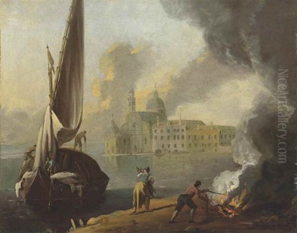 San Michele, Venice, With A Boat Docking And Figures Lighting A Fire On The Shore In The Foreground Oil Painting by Giovanni Richter