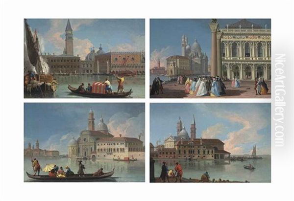 Four Views Of Venice: The Molo From The Bacino Di San Marco, With The Zecca, Campanile And Palazzo Ducale; The Piazzetta Looking Towards The Libreria Sansoviniana, The Punta Della Dogana And Santa Maria Della Salute; The Isola Di San Bi Oil Painting by Giovanni Richter