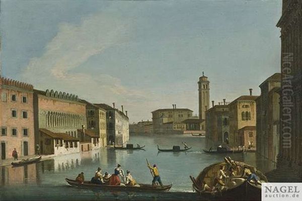 Venedig. Der Fondaco Dei Turchi Am Canal Grande Mit Traghetti Sowie Der Kirche Und Dem Campanile Von San Geremia Oil Painting by Giovanni Richter