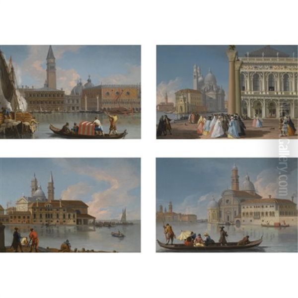 Venice: A View Of The Molo From The Bacino Di San Marco, With The Zecca, Campanile And Palazzo Ducale (+3 Others; Set Of 4) Oil Painting by Giovanni Richter