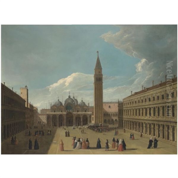 Venice, A View Of The Piazza San Marco, With Figures Gathered Round An Artist Painting A Portrait On A Stage Oil Painting by Giovanni Richter