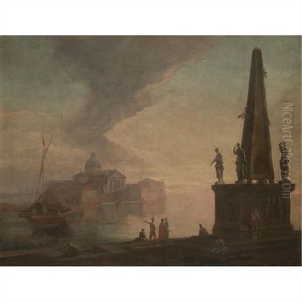 A Capriccio View Of The Venetian Lagoon With San Giorgio Maggiore Seen From The Bacino Di San Marco, Figures In Oriental Dress Standing On A Quay Beside An Obelisk Adorned With Statues Oil Painting by Giovanni Richter