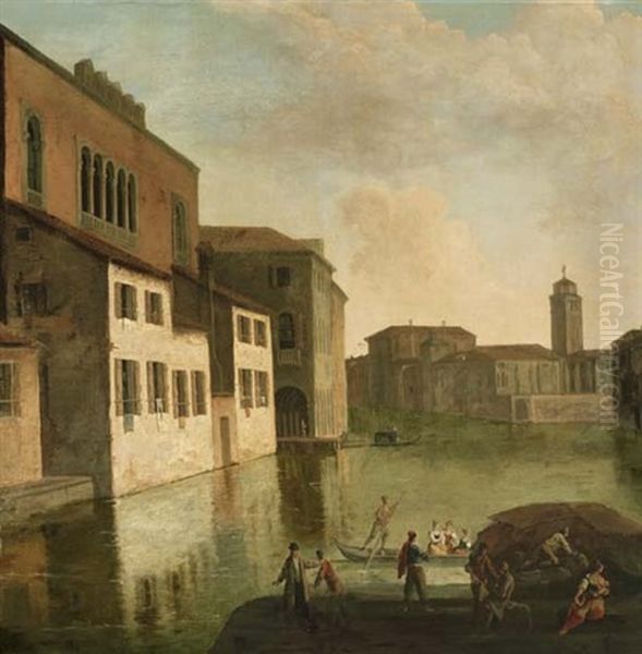 Venice, A View Of The Fondaco Dei Turchi, The Canal Of The Canareggio With The Church And Campanile Of San Geremia In The Distance Oil Painting by Giovanni Richter