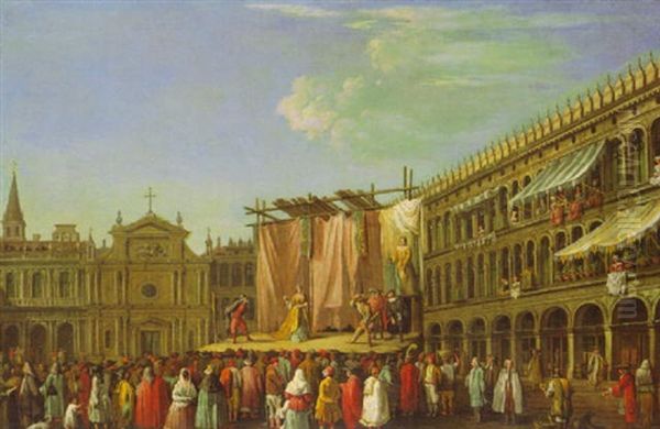 A Performance Of The Commedia Dell'arte In The North-west   Corner Of The Piazza San Marco, Venice Oil Painting by Giovanni Richter