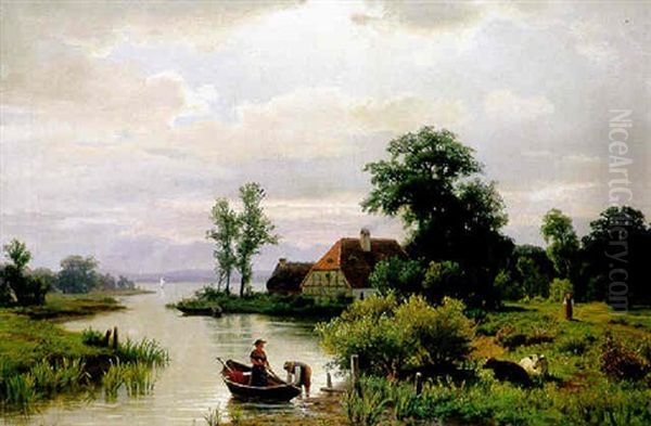 Abendliche Seenlandschaft Mit Gehoft Und Junger Frau Im Nachen Am Ufer Oil Painting by Gustav Karl Ludwig Richter