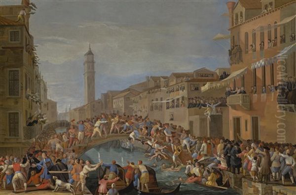 Venice, A View Of The Ponte Dei Pugni Oil Painting by Johann Richter