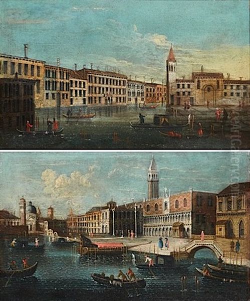 Vue Du Mole Et Du Palais Ducale Vers L'eglise De La Salute (+ Vue Du Grand Canal Vers Le Bassin De San Marco; Pair) Oil Painting by Johann Carl August Richter