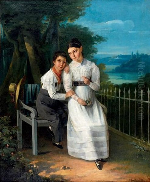 Jeune Fille Et Son Frere En Bordure De Parc Oil Painting by Johann Heinrich Richter