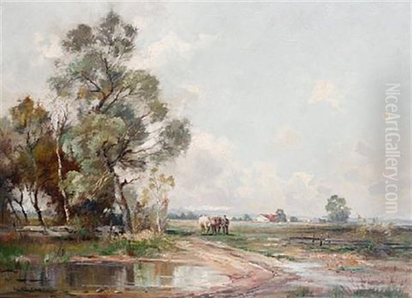 Herdsman And Cattle In An Open Landscape, Schleisheim Oil Painting by Klaus Carl Friedrich Richter