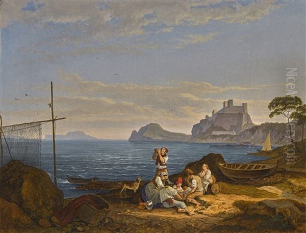 The Bay Of Naples, Capri Beyond Oil Painting by Ludwig (Adrian) Richter