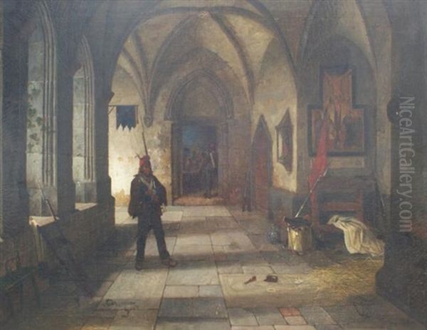 Soldiers In A Church Oil Painting by Ludwig (Adrian) Richter