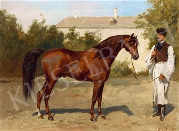 Horse With Hungarian Stableman In The Castle Garden Oil Painting by Wilhelm Richter