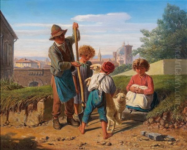 Peasant Children Outside The Gates Of Florence Oil Painting by Wilhelm M. Richter