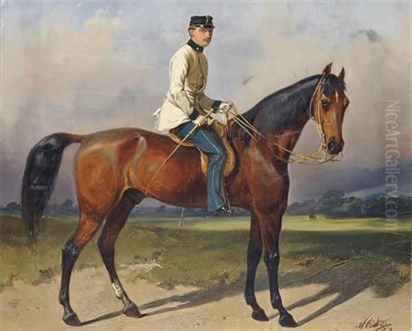 A Mounted Officer Of Austrian Dragoon Regiment Nr.5 Landgrafen Zu Furstenberg In Undress Uniform Oil Painting by Wilhelm M. Richter