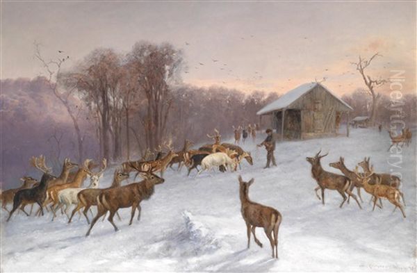 Futterung Von Dam- Und Rotwild Im Winter Oil Painting by Wilhelm M. Richter