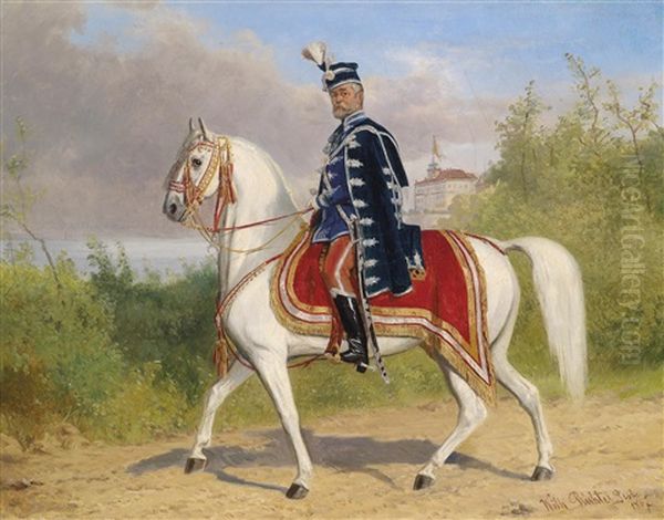 Ungarischer Husarenoffizier (mitglied Der Oberen Kammer) Zu Pferde, Im Hintergrund Schloss Acsa Oil Painting by Wilhelm M. Richter