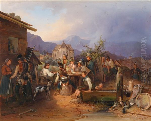 Rastende Ungarische Infanteristen In Einem Steirischen Dorf Oil Painting by Wilhelm M. Richter