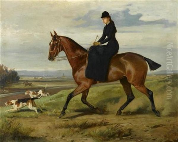 Dame Zu Pferd Mit Hunden Oil Painting by Wilhelm M. Richter