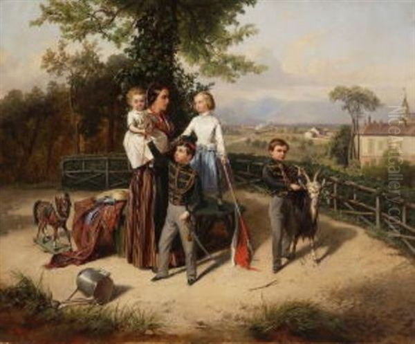 Junge Frau Mit Vier Kindern Oil Painting by Wilhelm M. Richter