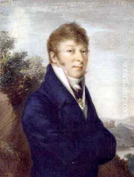 A Young Gentleman Standing With Folded Arms In A Landscape, In Blue Coat, White Waistcoat And Tied Cravat, Wearing The Cross Of The Order Of Malta On A Black Ribbon Around His Neck... Oil Painting by Anton Richter