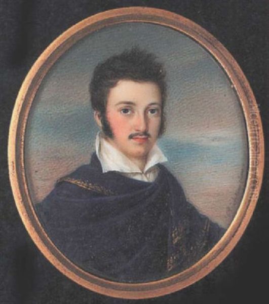 A Gentleman Wearing Gold-edged Blue Cloak Over White Shirt With Wide Collar Oil Painting by Anton Richter