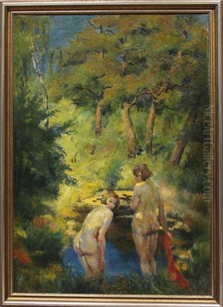 Zwei Weibliche Akte An Einem Sonnendurchfluteten Waldsee Oil Painting by Hugo Richter-Lefensdorf