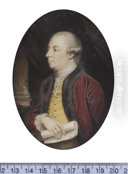 Thomas Pennant (1726-1798), Wearing Crimson Coat With Fur Trim, Yellow Waistcoat, White Frilled Chemise, Stock And Lace Cravat, His Hair Worn En Queue And Tied With Black Ribbon Oil Painting by Samuel Rickards