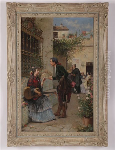 Italian Couryard Scene With Woman And Guitar Oil Painting by Jose Rico y Cejudo