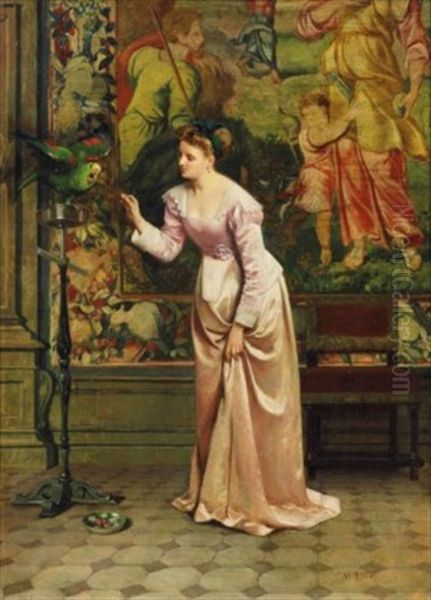 Lady In An Interior With A Cockatoo Oil Painting by Martin Rico y Ortega