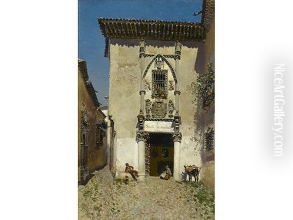 A Spanish Courtyard Oil Painting by Martin Rico y Ortega