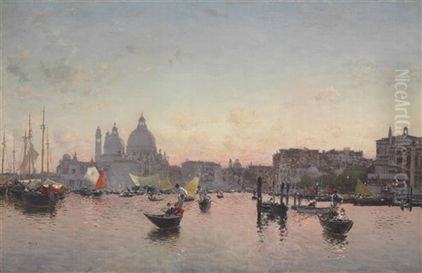 A View Of The Lagoon With Santa Maria Della Salute At Sunset Oil Painting by Martin Rico y Ortega