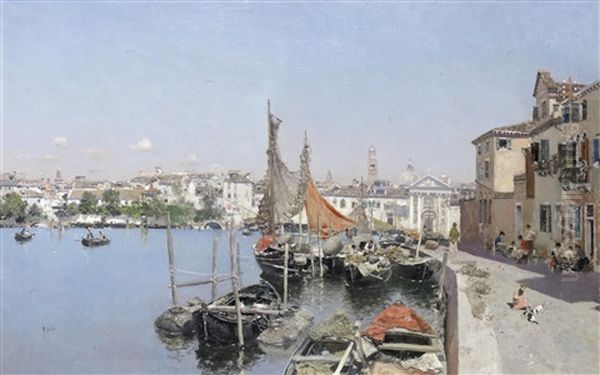 A Venetian Waterfront Oil Painting by Martin Rico y Ortega