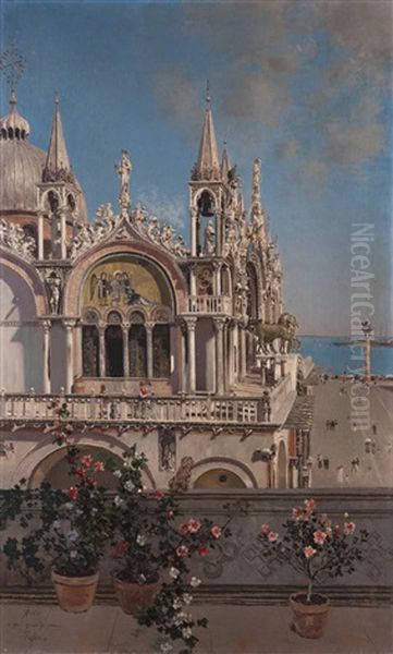 Vista De La Basilica De San Marcos De Venecia Desde Un Balcon Oil Painting by Martin Rico y Ortega