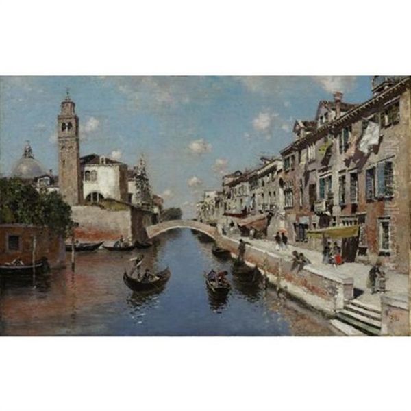 A Promenade Along A Venetian Canal Oil Painting by Martin Rico y Ortega