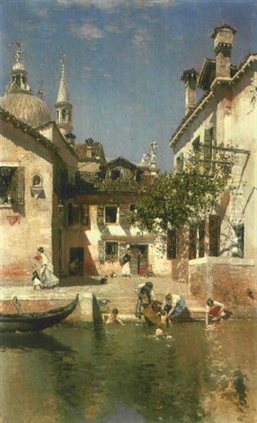 Children Bathing In A Canal Oil Painting by Martin Rico y Ortega