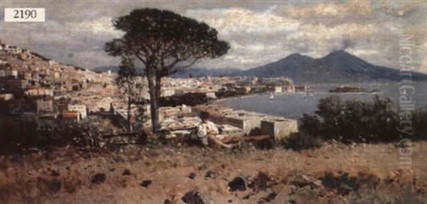 Girl In Landscape Across The Bay Of Naples Oil Painting by Martin Rico y Ortega