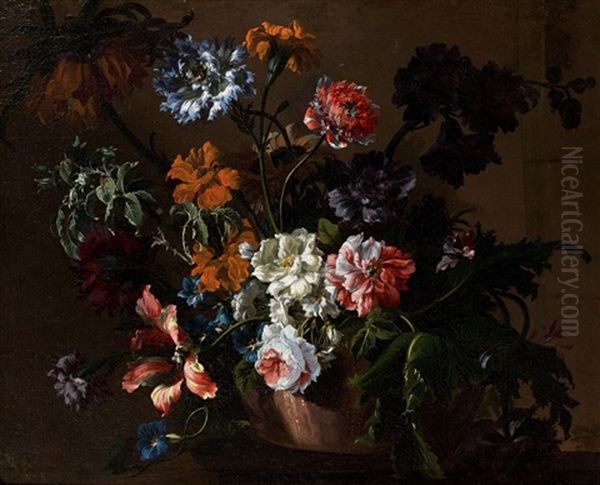 Bouquet De Fleurs Dans Un Vase En Terre Sur Un Entablement Oil Painting by Nicolas Ricoeur