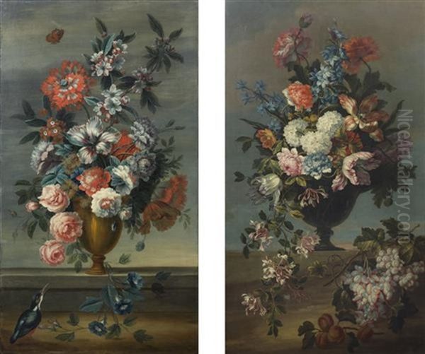 Grappe De Raisins Et Abricots Aupres D'un Vase De Fleurs Sur Un Entablement Et Oiseaux Pres D'un Vase De Fleurs Sur Un Entablement (pair) Oil Painting by Nicolas Ricoeur