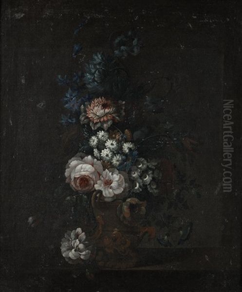 Roses, Peonies, Tulips And Other Flowers In A Classical Urn On A Table Top Oil Painting by Nicolas Ricoeur