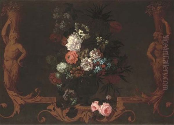 Chrysanthemums, Peonies, Narcissi, Morning Glory And Other Flowers In A Sculpted Vase On A Carved Bracket Flanked With Carved Fawns Oil Painting by Nicolas Ricoeur