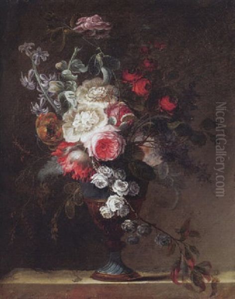 Blumenstrauss In Vase Auf Steinplatte Oil Painting by Nicolas Ricoeur